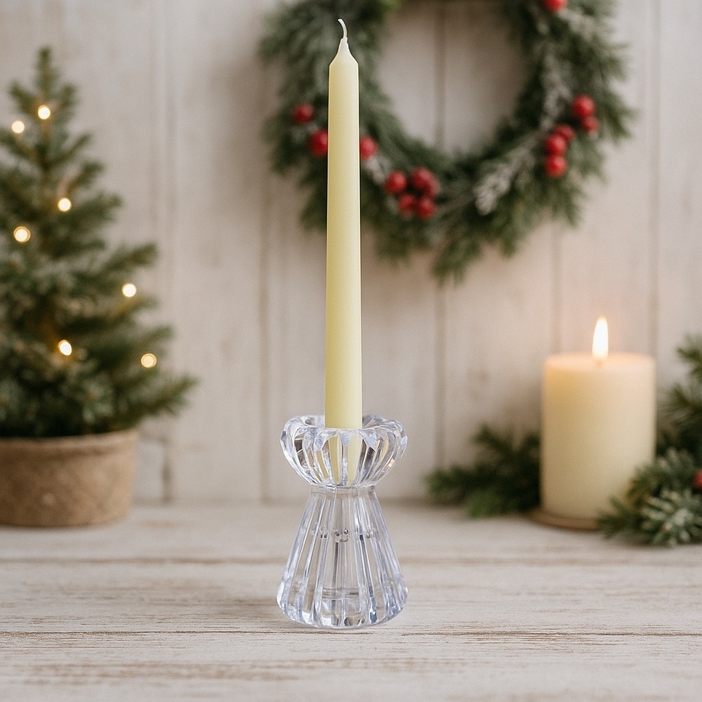 Vtg Glass Candle Holder Reversible Bud Vase Toothpick Holder Clear Ribbed 4" - Picture 6 of 7